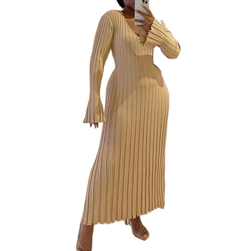 V Neck Long Sleeve Knitted Maxi Dress