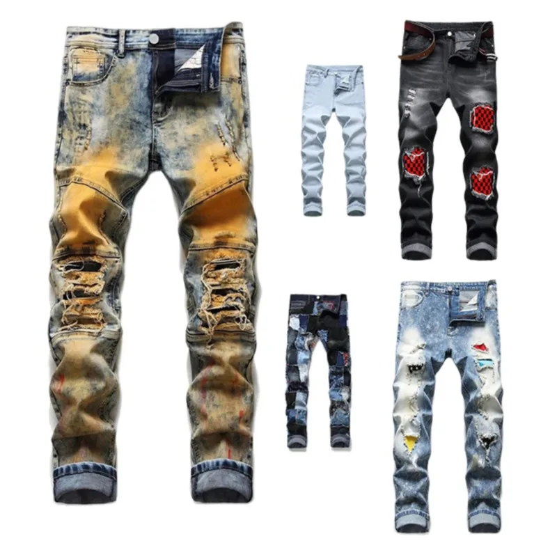 

Custom Made Design Casual Style Denim Pants Color Ripped Patches Stacked Straight Fit Jeans High Quality Patchwork Men Blue Slim
