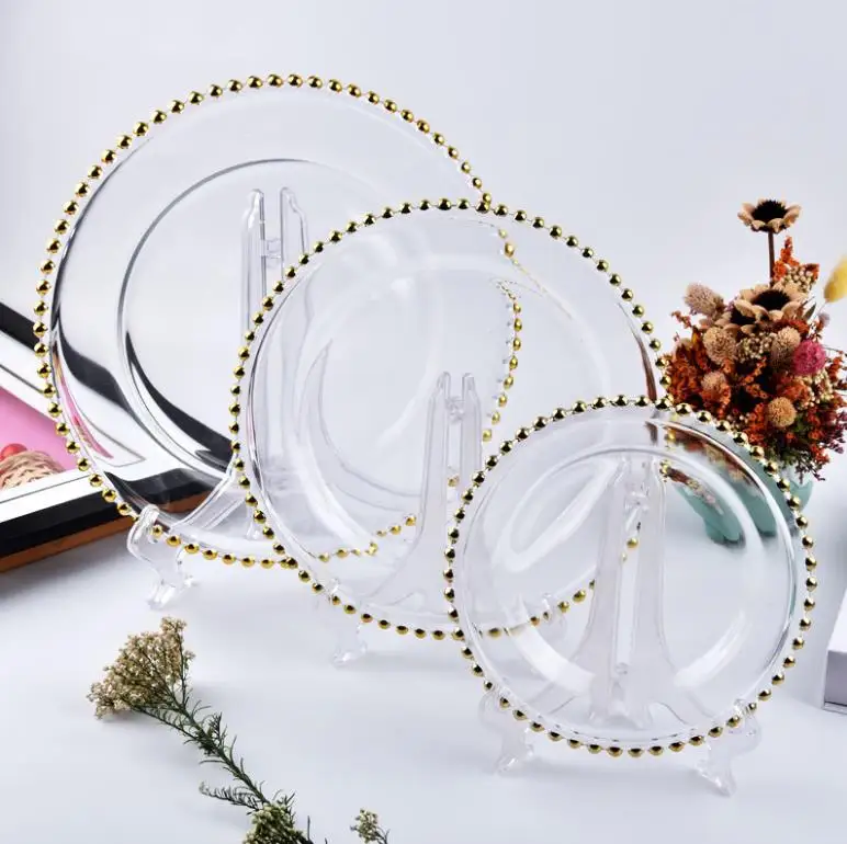 

Handmade Clear Round Gold Beaded Glass Dishes Party Wedding Charger Plates