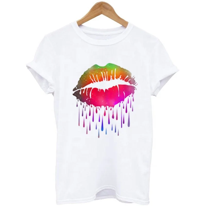 

Wholesale Summer Cotton T Shirt Women Cartoon Lips Dripping Custom Printed Summer Woman T-Shirts, Picture