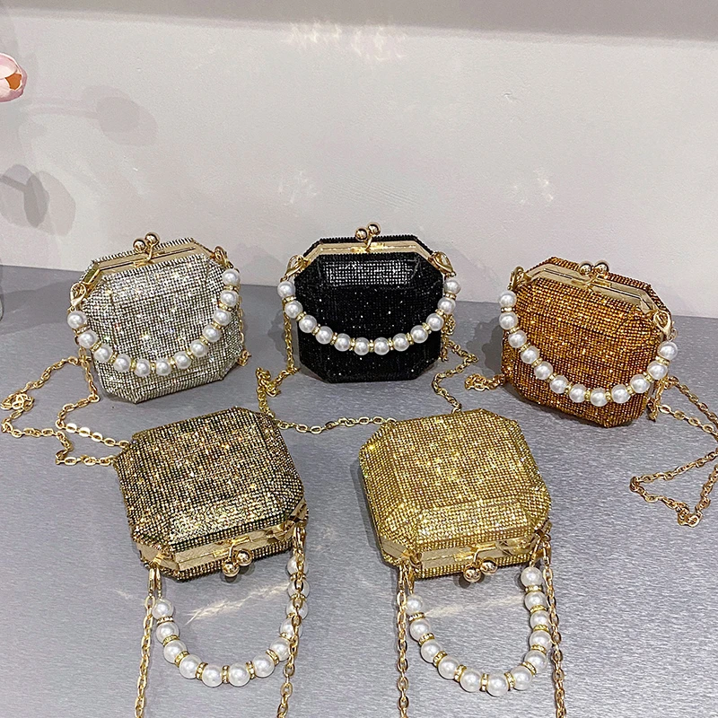 

Luxury Diamond Box Purses Ladies Fashion Pearl Chain Hand Bags Girls Mini Box Handbags For Woman