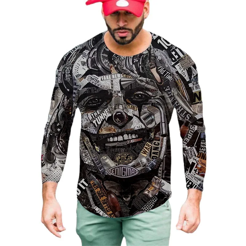 

Custom 3D Digital Printing Halloween Style Skeleton Pattern Long Sleeve Round Neck Men's T-shirt, Customized colors