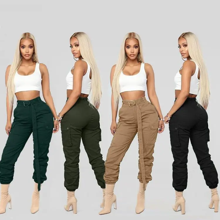 

New arrivals ladies pants solid color casual baggy women cargo pants trouser with belt