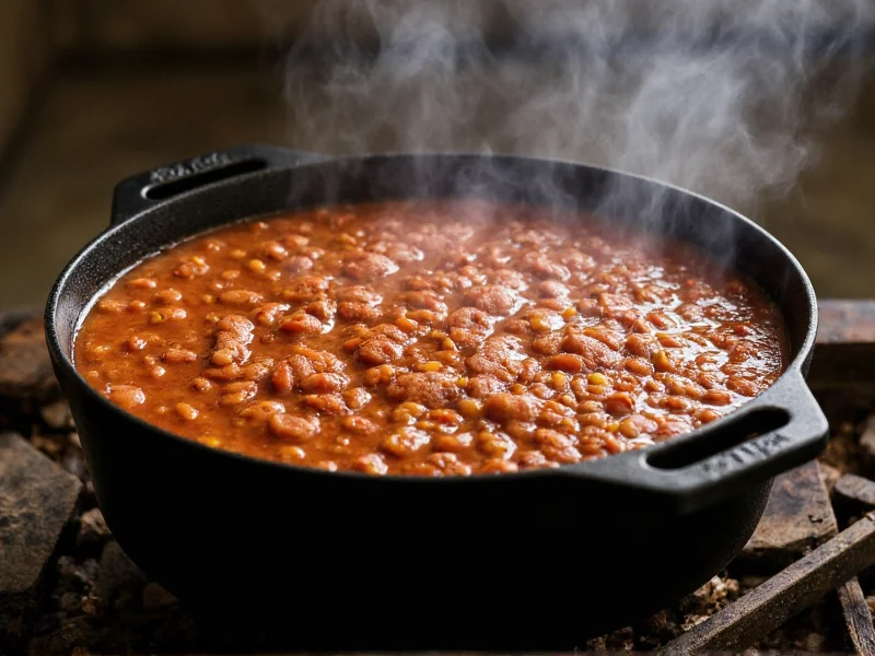 Thick chili simmering in Dutch oven with steam rising