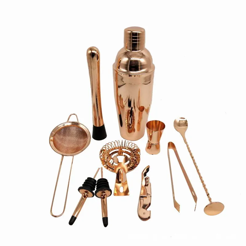 

Factory 11-piece stainless steel cocktail shaker with wooden stand, Rose gold