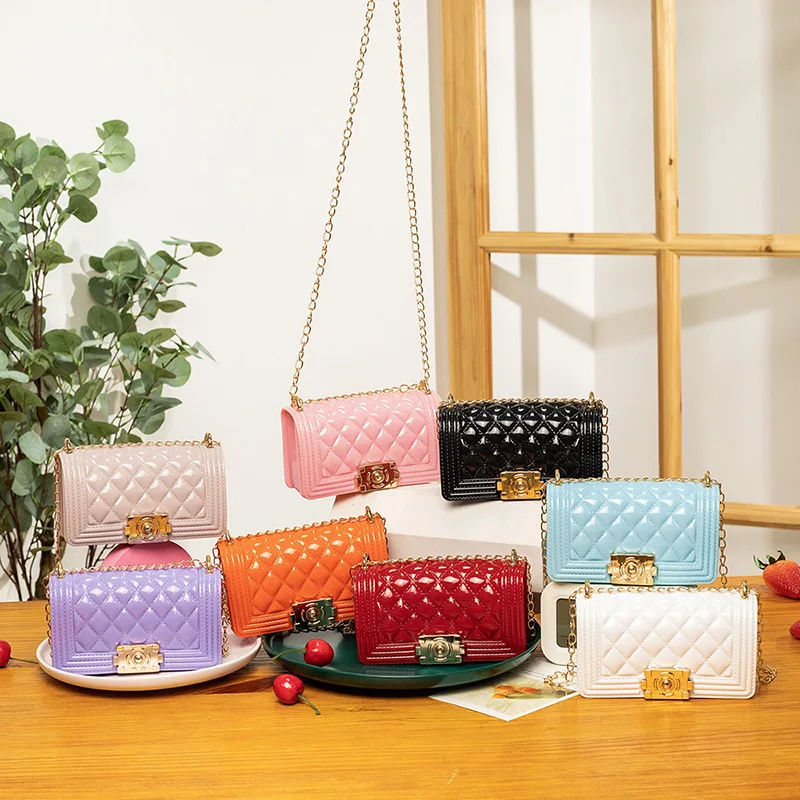 

2021 Wholesales Famous Brand Candy Colors Pvc Crossbody Bag Kids Purse Mini Handbags Luxury Jelly Purse and Handbags Women, Picture