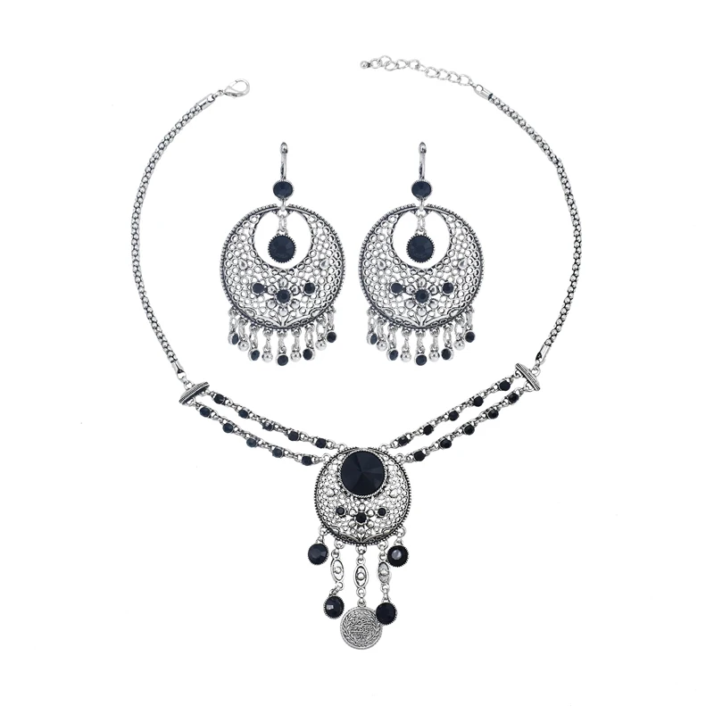 

Fashion Bohemian Colored Gems Set Hollow Tassel Necklace Earrings Set Fashion Atmosphere Inlaid Ethnic Jewelry, Silver