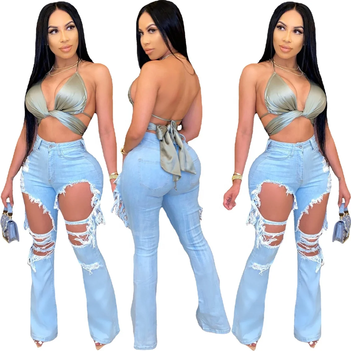 

MT67-3272 Women ripped flared jeans High waist denim tights Ladies stretch jeans Ladies wide leg jeans flared pants