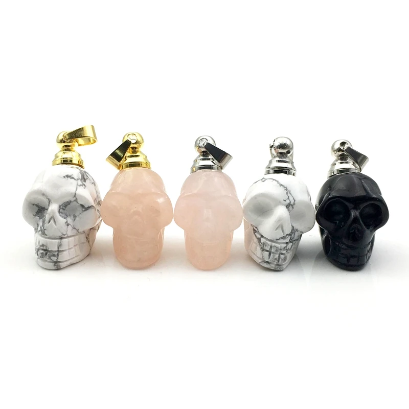 

New natural openable skull perfume bottle Necklaces rose quartz howlite obsidian shape stone Essential Oil Diffuser Necklace