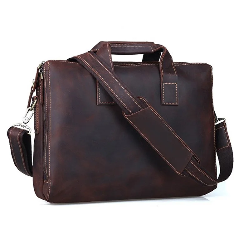 

High Quality Italian Crazy Horse Genuine Leather Briefcase Bag 15 inch Laptop Shoulder Bag Leather For Men, Dark brown