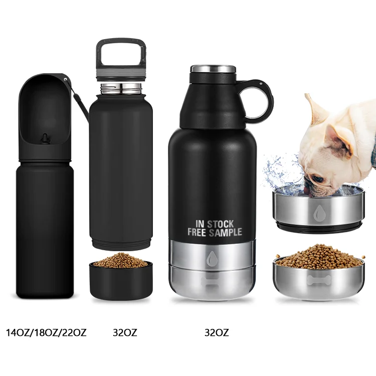 

2022 Everich 3 In 1 32oz Custom Double Wall Stainless Steel portable Pet Dog Water Bottle Food Feeding Bowl With Food storage
