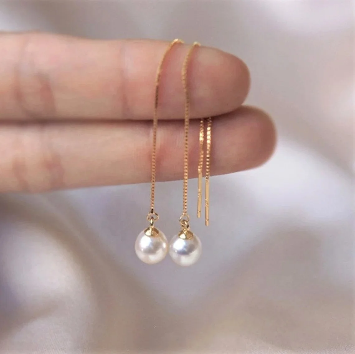 

New Elegant 925 Sterling Silver Freshwater Pearl Dangle Earring Long Chain Threader Tassel Drop Earrings Women Girls Jewelry