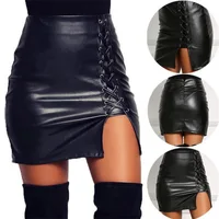 

New Fashion Black Ladies Bandage Skirts Zipper Up Split Side Slit Party Club Wear Pu Leather Skirt Women