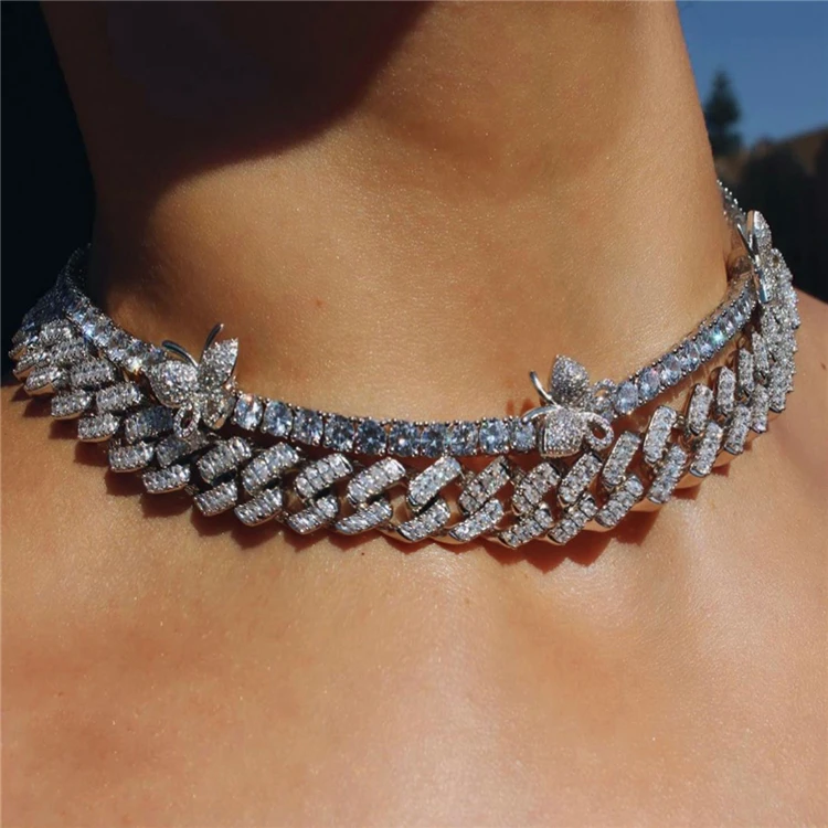 

Wholesale 18K Gold Plated Colorful Butterfly CZ Tennis Chain Women's Choker Rhinestone Diamond Necklace, Gold/silver/multi-color