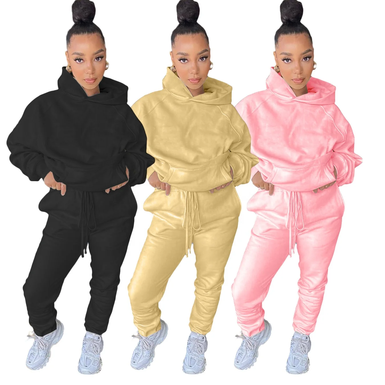 

Loq moq ladies solid custom woman winter thick hooded outfits fleece sweatpants and hoodies set