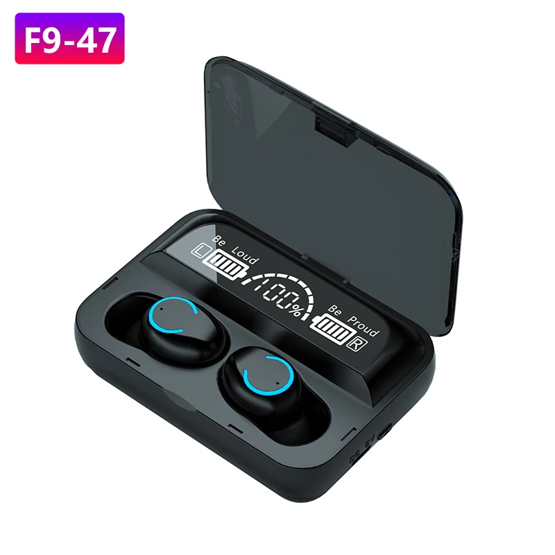 

New 3500mAh F9-47 Tws Low Price Earphone Headphone IPX7 Waterproof Wireless Fingerprint Earbuds with Large 3 Led Power Display, Black