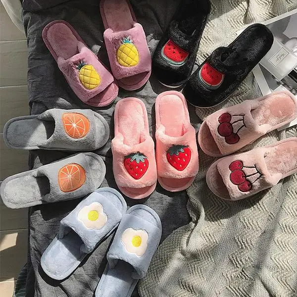 

New Women Cartoon Slippers Cute Fruits Cherry Strawberry Winter Warm Slippers Home Indoor Shoes Stuffed Plush Flip Flops, As pictures