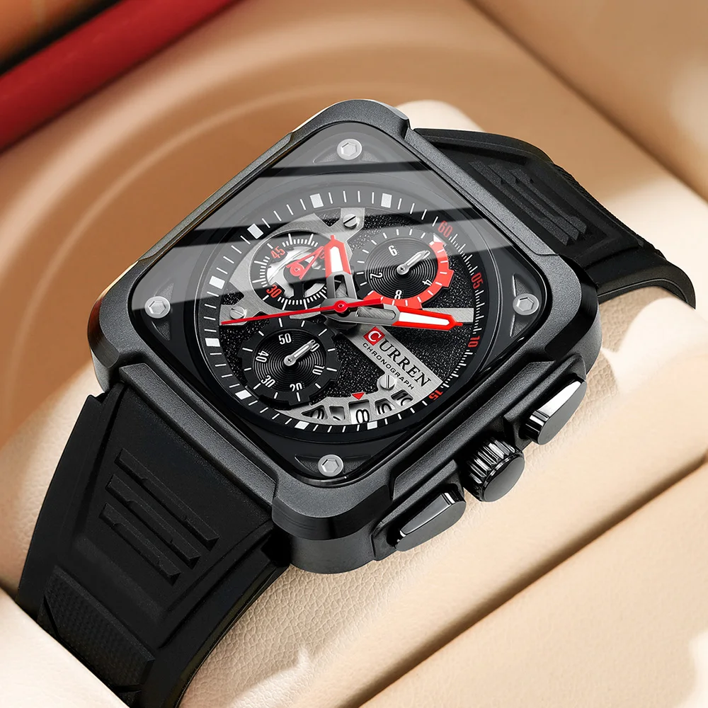 CURREN 2024 New Square Watch for Men Fully Black Mens Silicone Strap Multifunction Chronograph Men's Sport Quartz Watches 8461