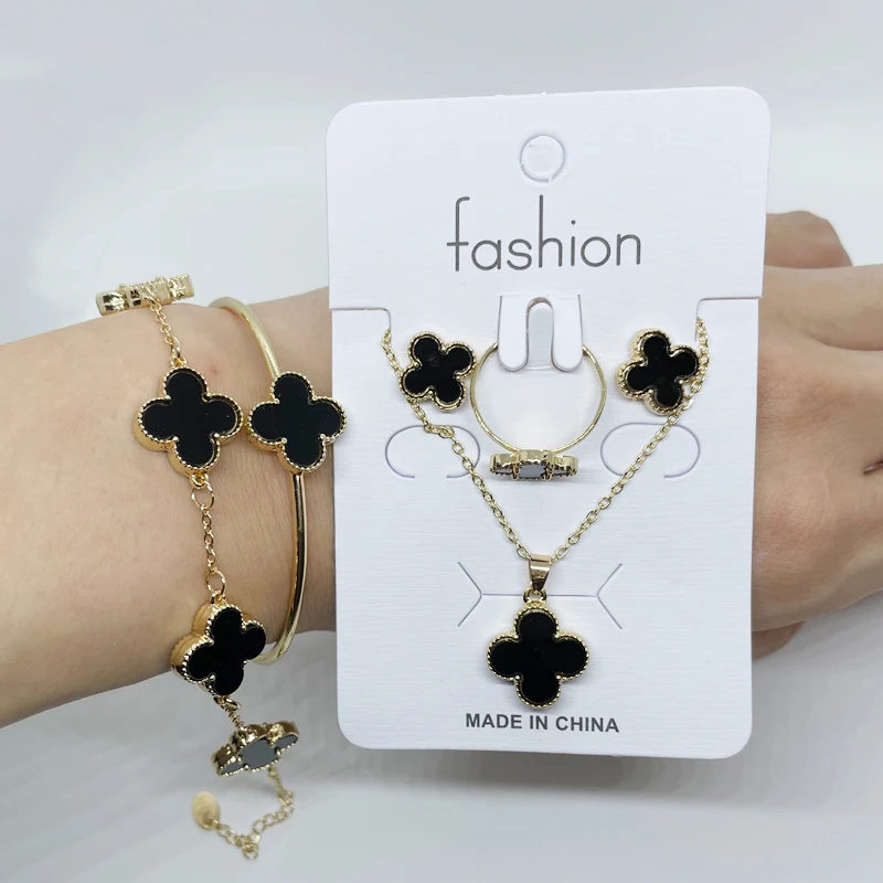 

5pcs/set high quality gold plated stainless steel clover jewelry set luxury brand earrings and necklaces set for women