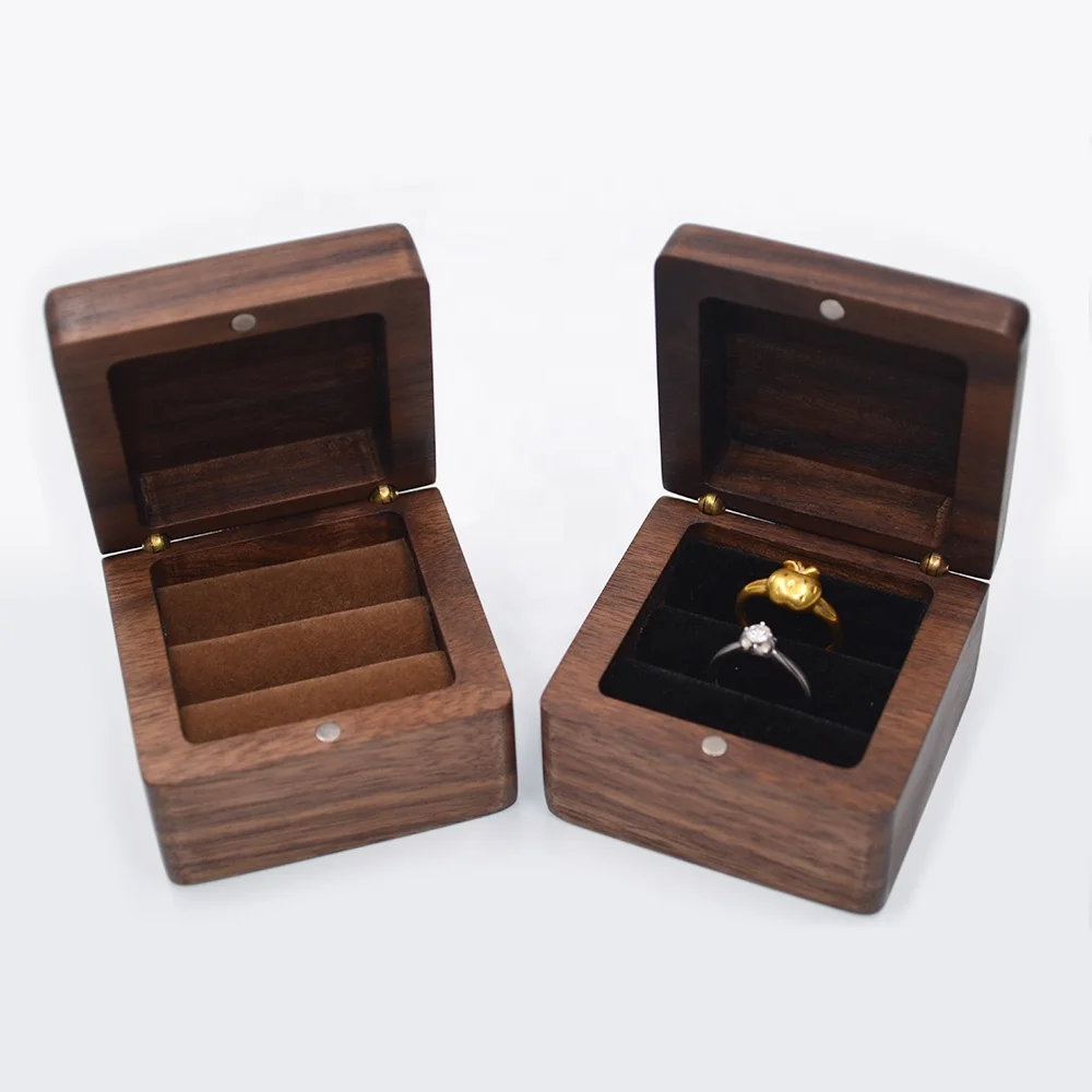 

Wholesale customizable wood ring box with solid wood material magnetic opener, Black/yellow