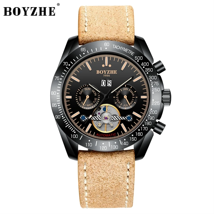 

BOYZHE Hot Sale Black Strap Hardness Mineral Glass Tourbillon Automatic Man Own Logo Automatic Watch