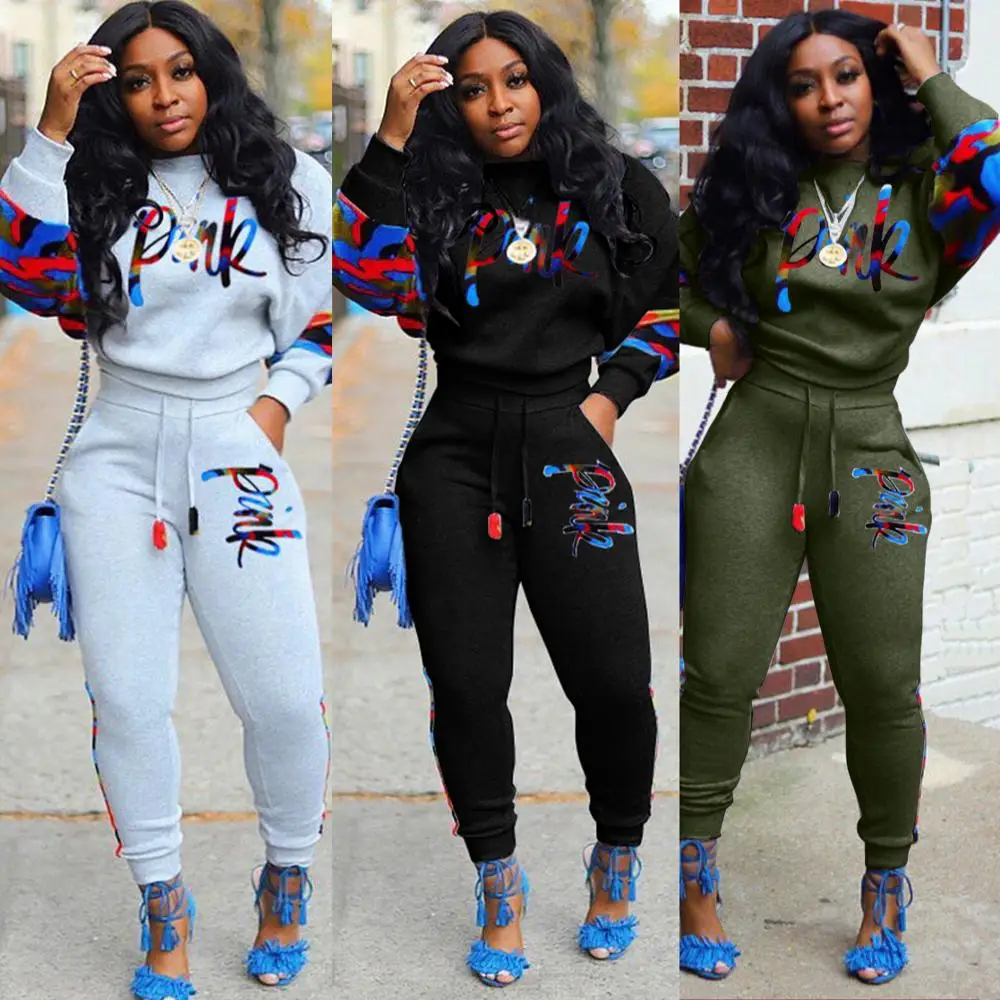 

XM0851 2021 Casual 2 Pcs Outfits Clothing Print Long Pants Jogging Tracksuit Plus Size Women Two Piece Set