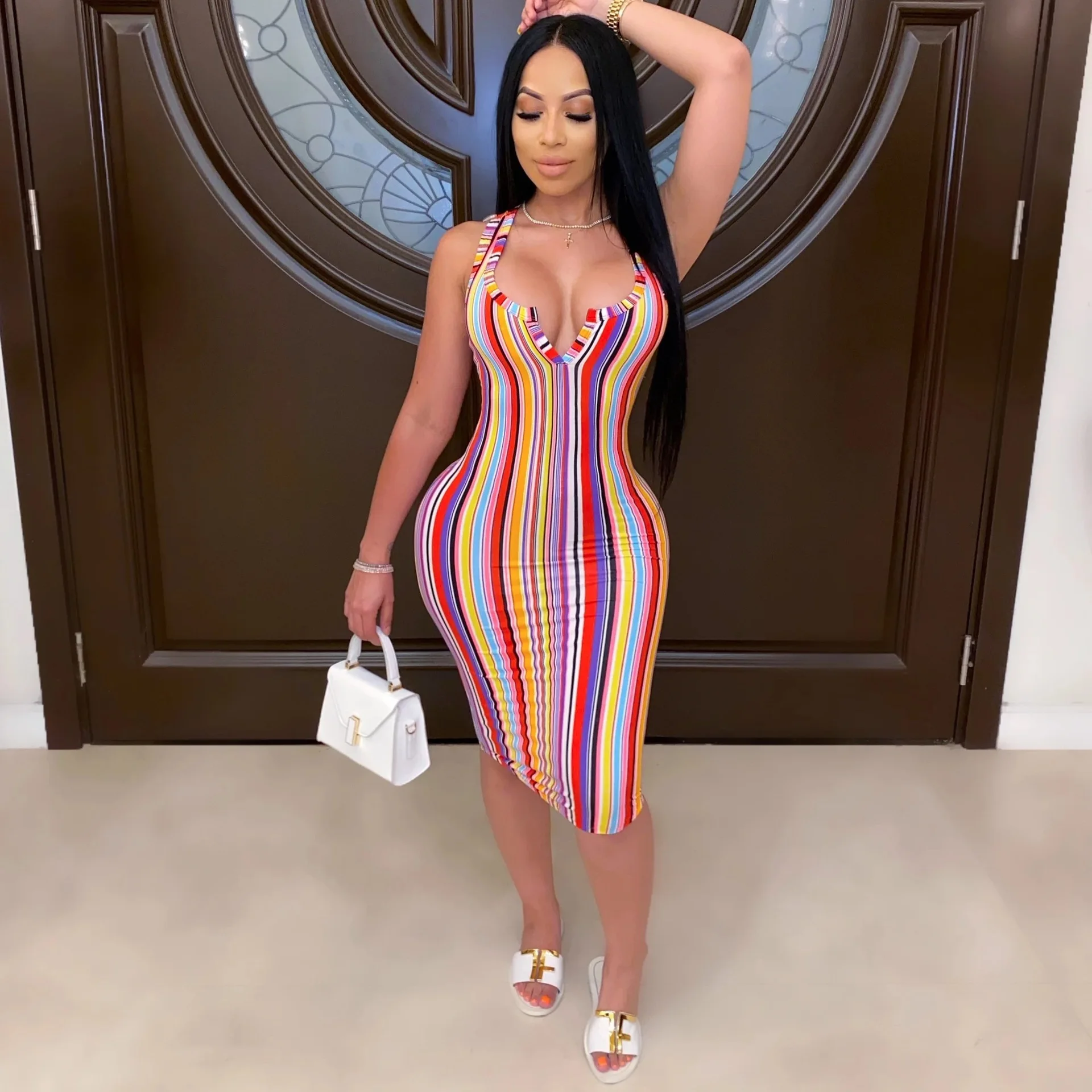 

Sexy Deep V Neck Colorful Striped Knee Length Bodycon Dress Women, Red,green