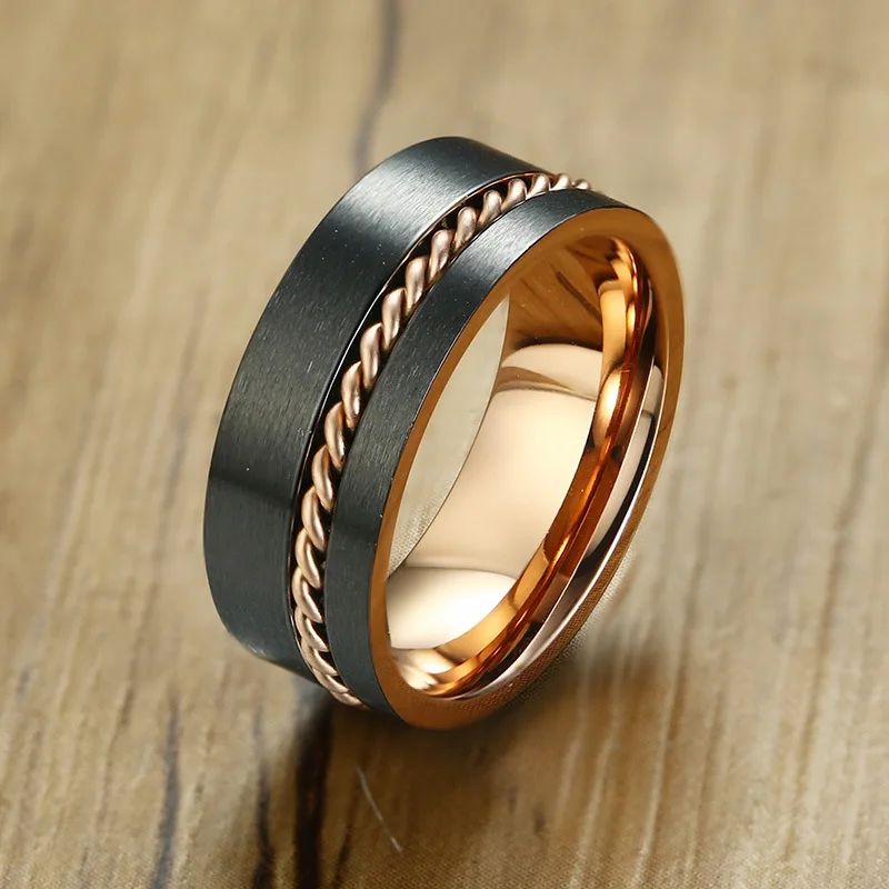 

2020 Hot Sale 8mm Rotatable Wire Circle Center Twisted Rope Inlay Stainless Steel Rose Gold and Black Plating Rings