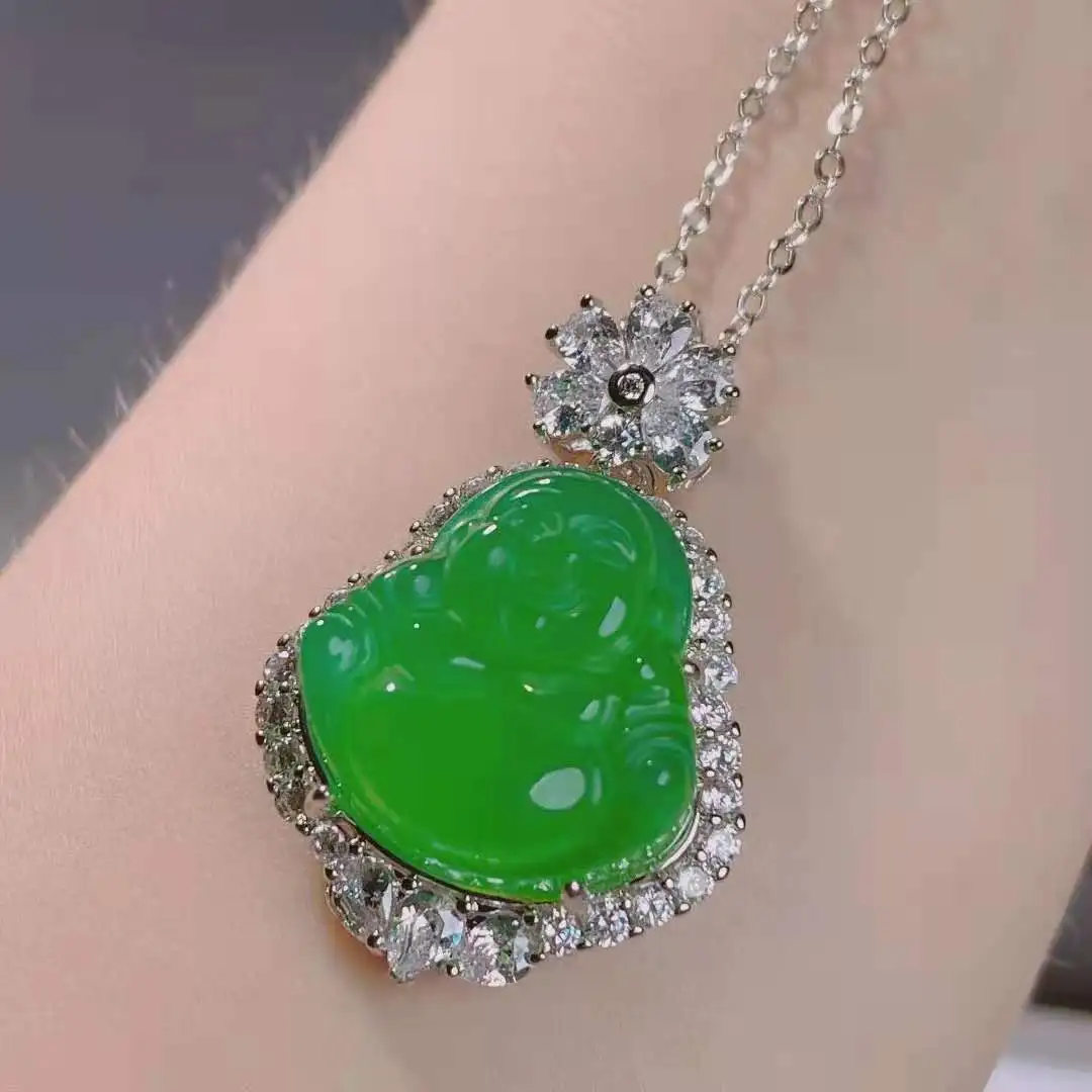 

Certified Green Chalcedony Pendant 925 Silver Inlaid High Ice Green Chalcedony Buddha Necklace Gold Store Gift