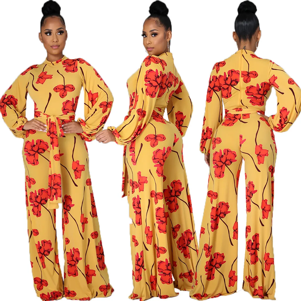 

Wholesale Autumn Women'S Clothing Digital Print Yellow Flower Romper High Waist Bandage Wide Leg Casual One Piece Jumpsuit