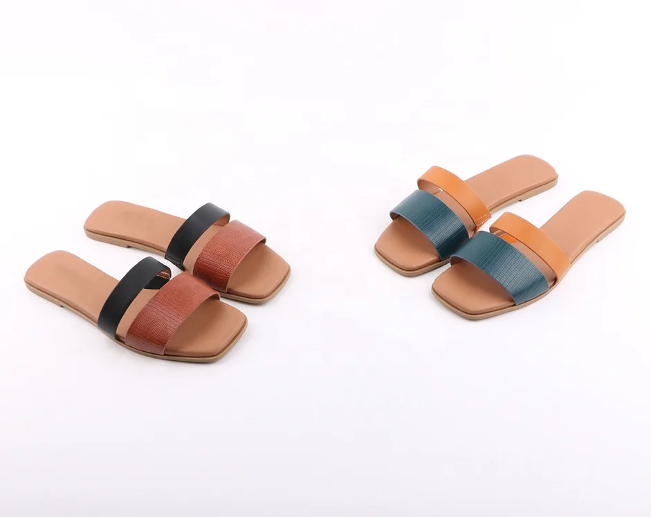 

2021 Fashion High Quality PU Square Toe Flat Bottom Slippers Leisure Ladies Sandal