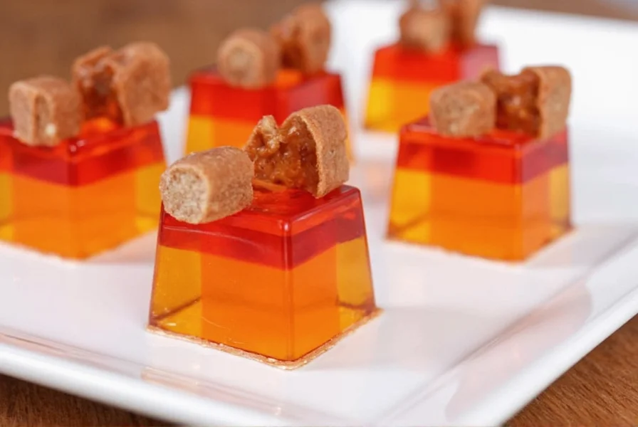 Step-by-step preparation of cinnamon fireball jello shots showing mixing process and final presentation in shot cups