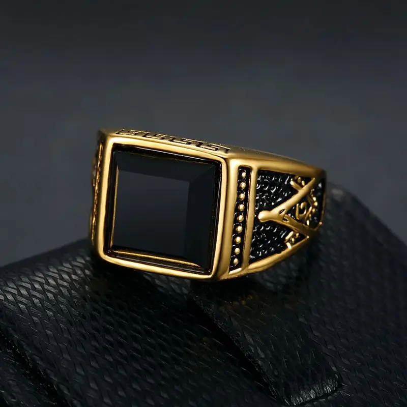 

Stainless steel black agate masonic finger rings for men