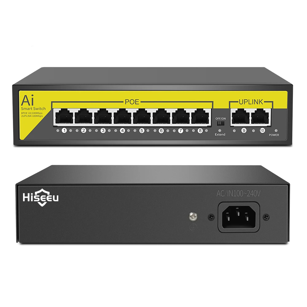 

Hiseeu 48V 8 Ports POE Switch Ethernet 10/100Mbps IEEE 802.3 af/at for IP Camera CCTV Security Camera System Wireless AP ft