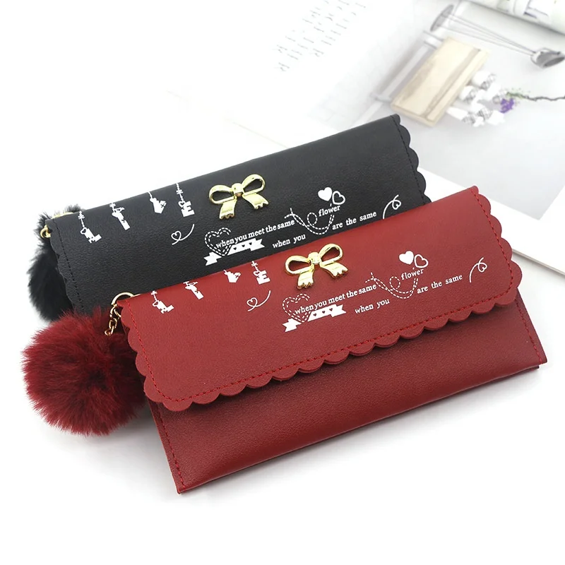 

New Arrival Long Bowknot Hardware Clutch Hairball Multi-Function Bifold Wallet Multi-Card Slot Coin Purse For Women, 7 colors