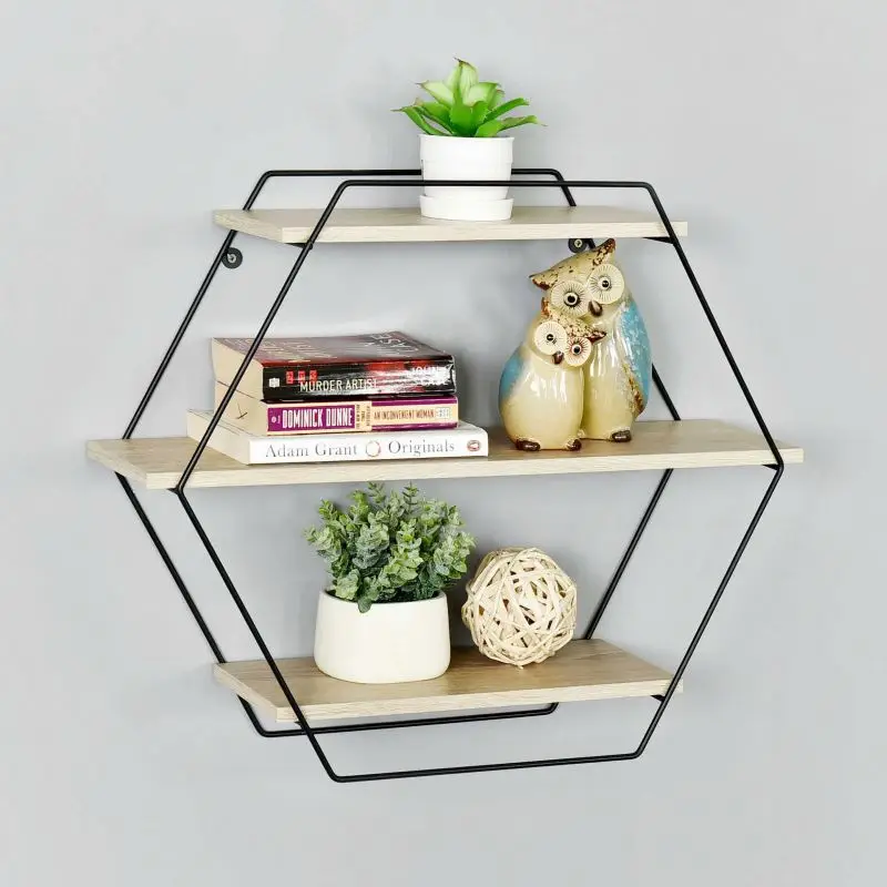 

wall mount wood and metal wall hexagon book shelf, Natural