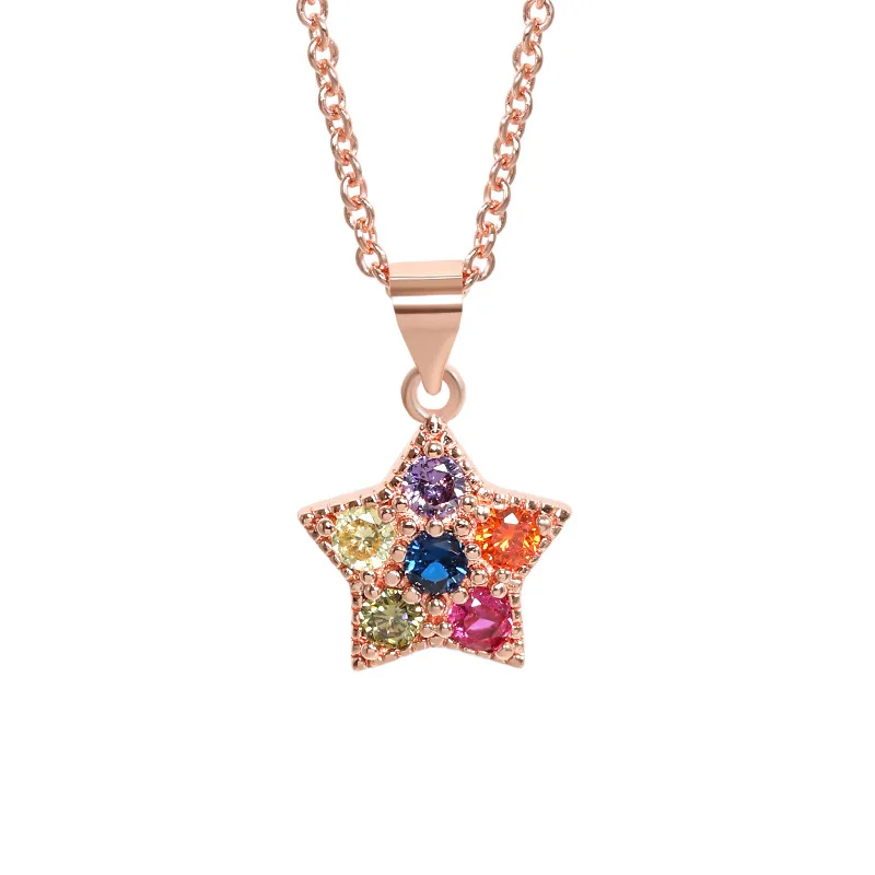 

Sweet Rose Gold Rainbow Cz Zirconia Pendant S925 Silver Star Charms Necklace For Valentine's Day, Picture shows