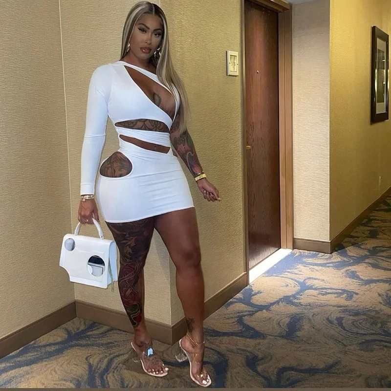 

New Style Solid Color Dresses Women Summer Casual Sexy One Shoulder Lady Hallow Out Irregular Skirt Set Women