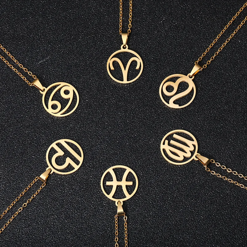 

Custom 12 Zodiac Signs Hollow Out Chain Necklace Stainless Steel Circle Zodiac Pendant Necklace