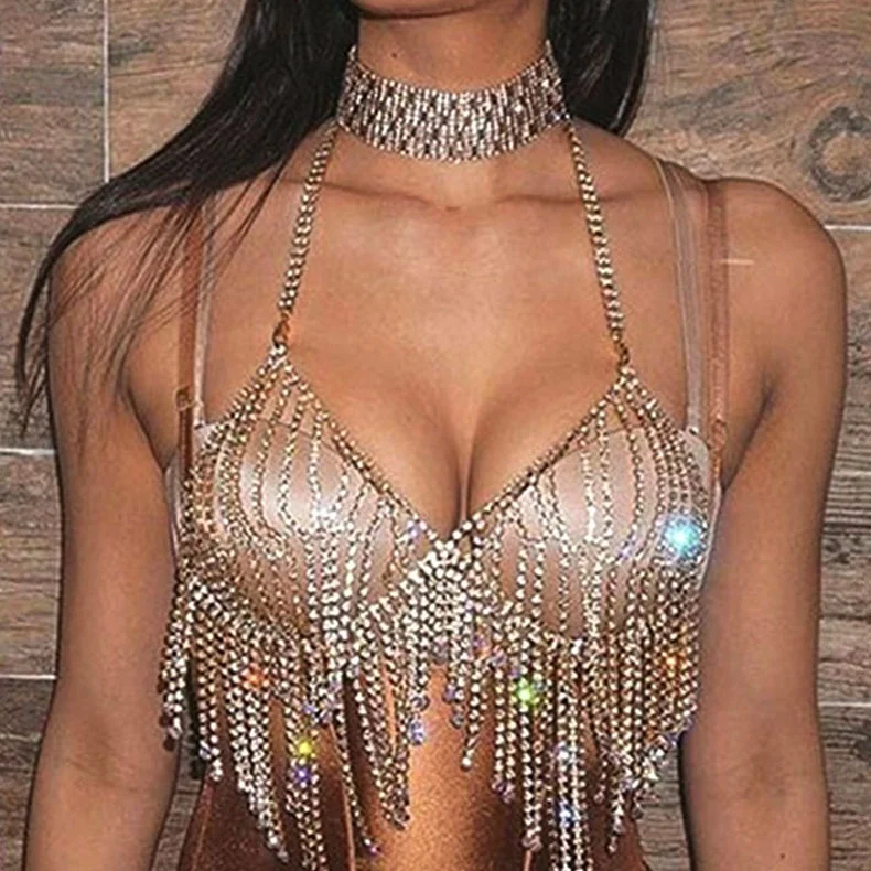 

Soulmate Women Sexy Heart Rhinestone Bra Chest Chain Crystal Luxury Body Jewelry Thong Panties Tassels Underwear