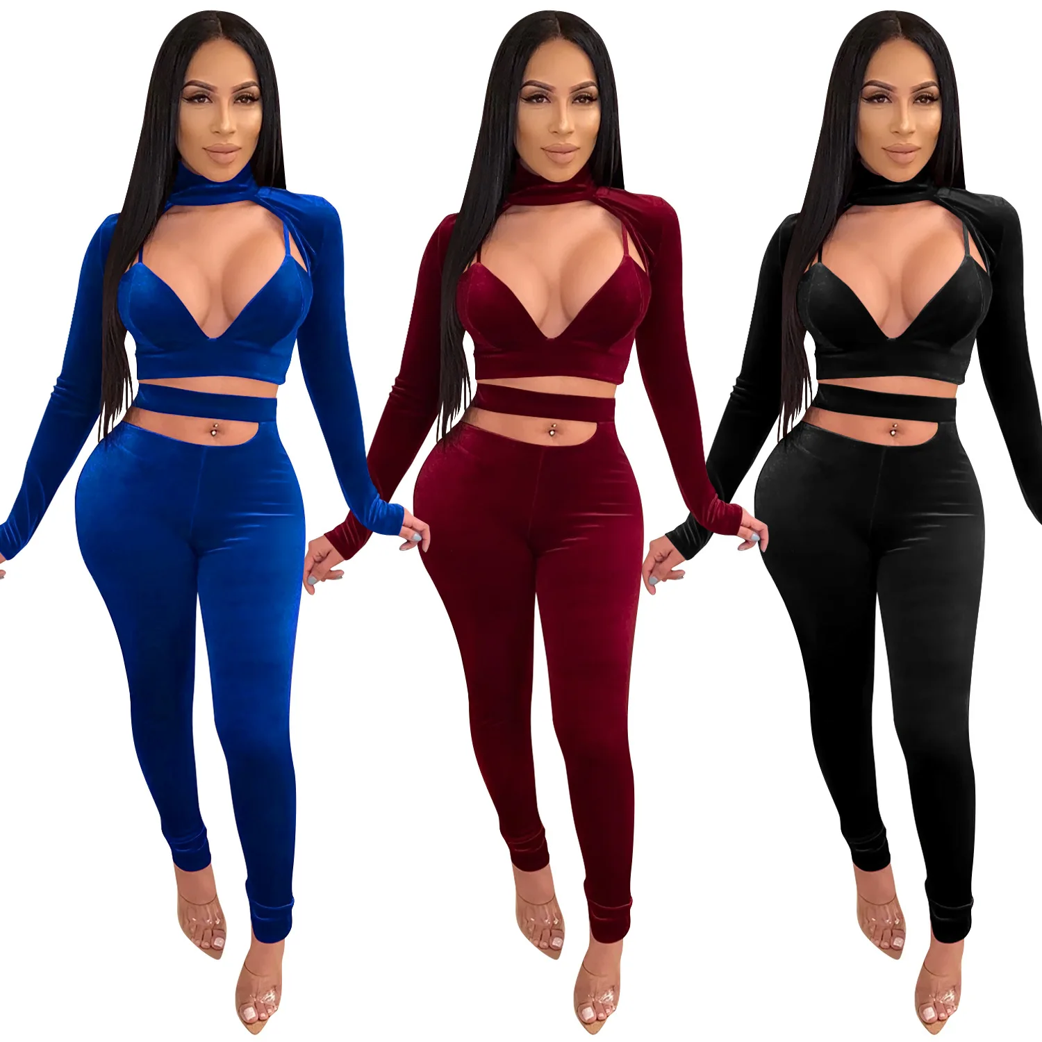 

Custom Long Sleeve Women Set Tracksuit Autumn Winter Corduroy Solid 2 Pieces Set Deep V women Jogger Pants Set