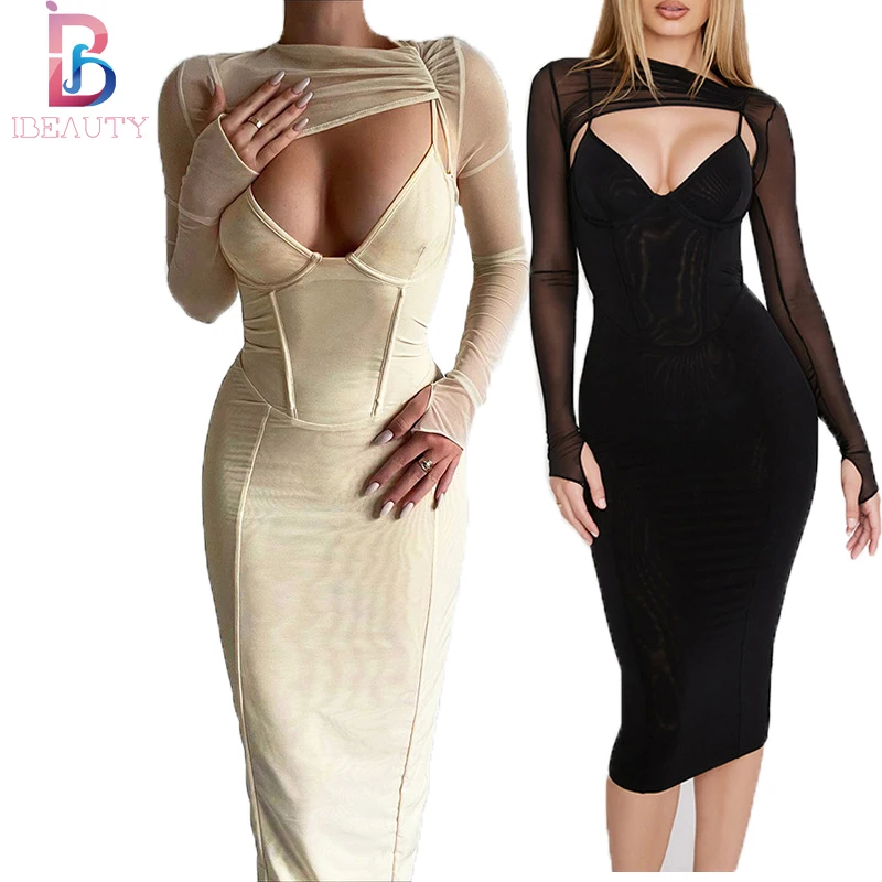 

Ibeauty 2022 Fashion Mesh Blouse Sexy Low-cut Slim Long Sleeve Dress Suit High Waist Elegant Party Wear Midi Dresses For Women, Beige/black