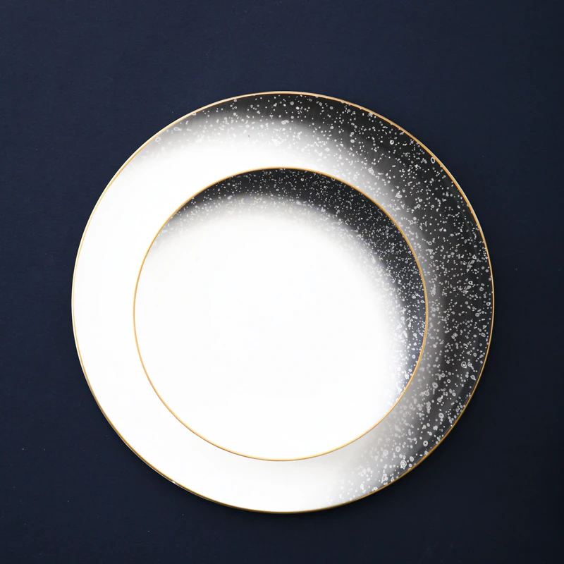 

New design healthy round shallow bone china decoration plate ceramic dinner plates with gold rim, White and golden