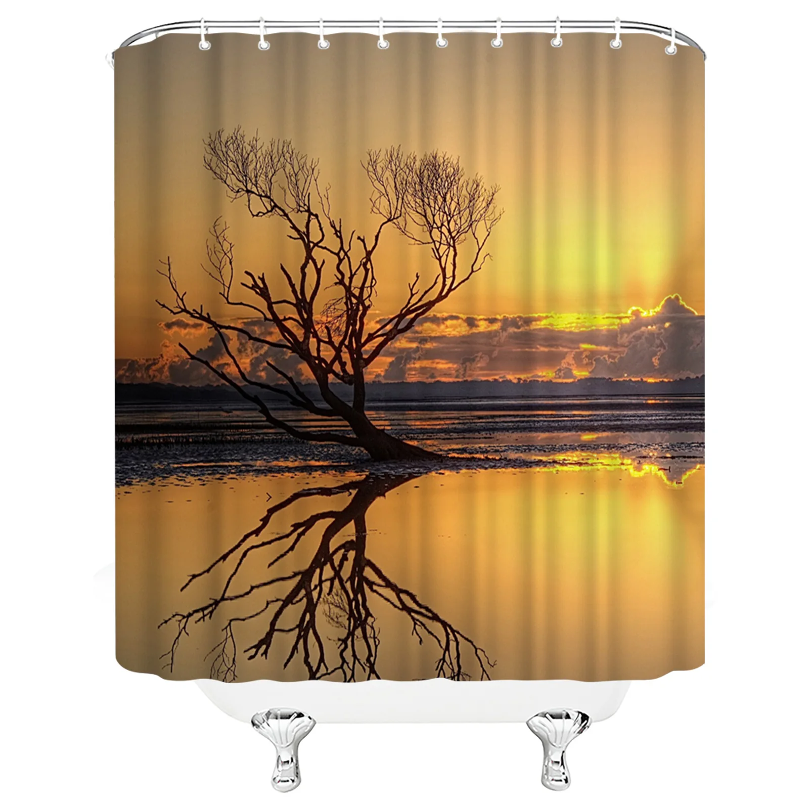 

Factory Cheap Price Sunset Landscape Washroom Bathroom Bath Washable Polyester Shower Curtain With Hook, Customized color