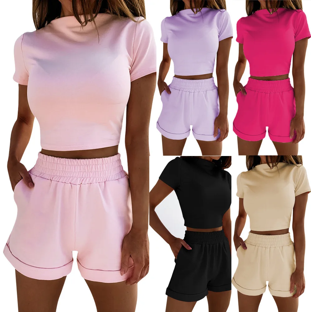

Short Sleeve 2Piece Crop Tops With Shorts Casual Outfits For Women's 2021 two piece short set women Short Jogger