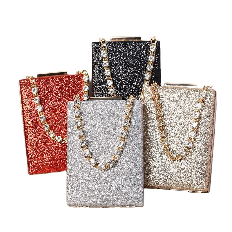 

Factory Wholesale Dinner Cluth bag diamond chain cross-slung small square silver evening bag celebrity party clutch bag