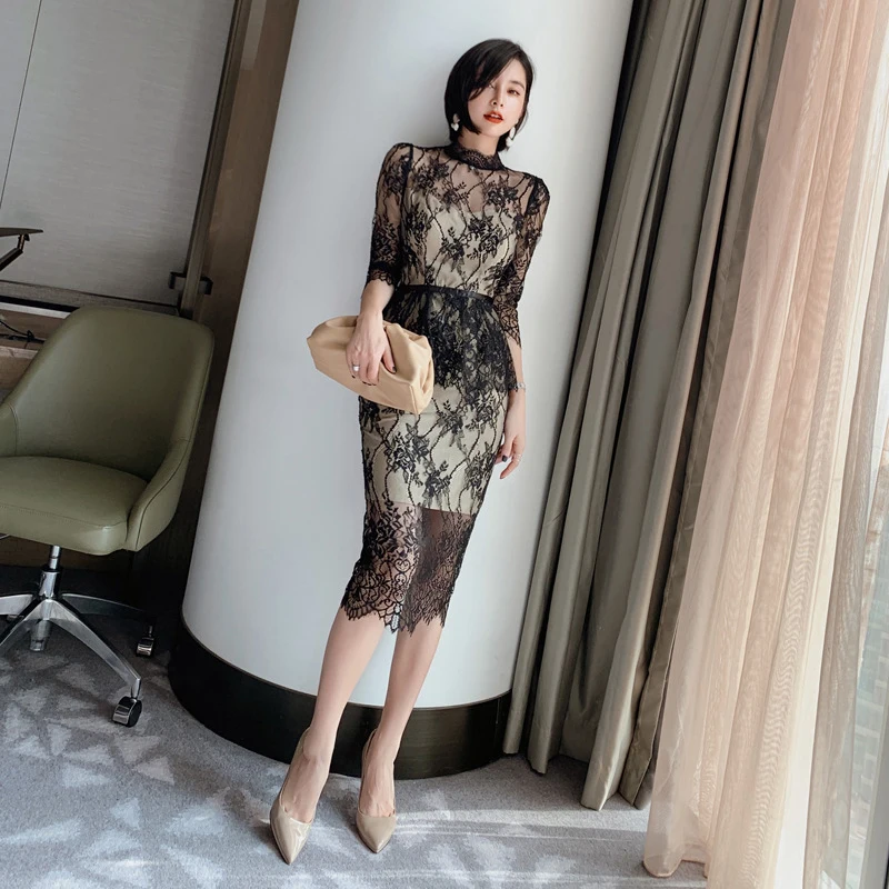 

Autumn Women's Hollow Five-Point Sleeve Sexy Bodycon Lace Club Dresses Sexy, Black