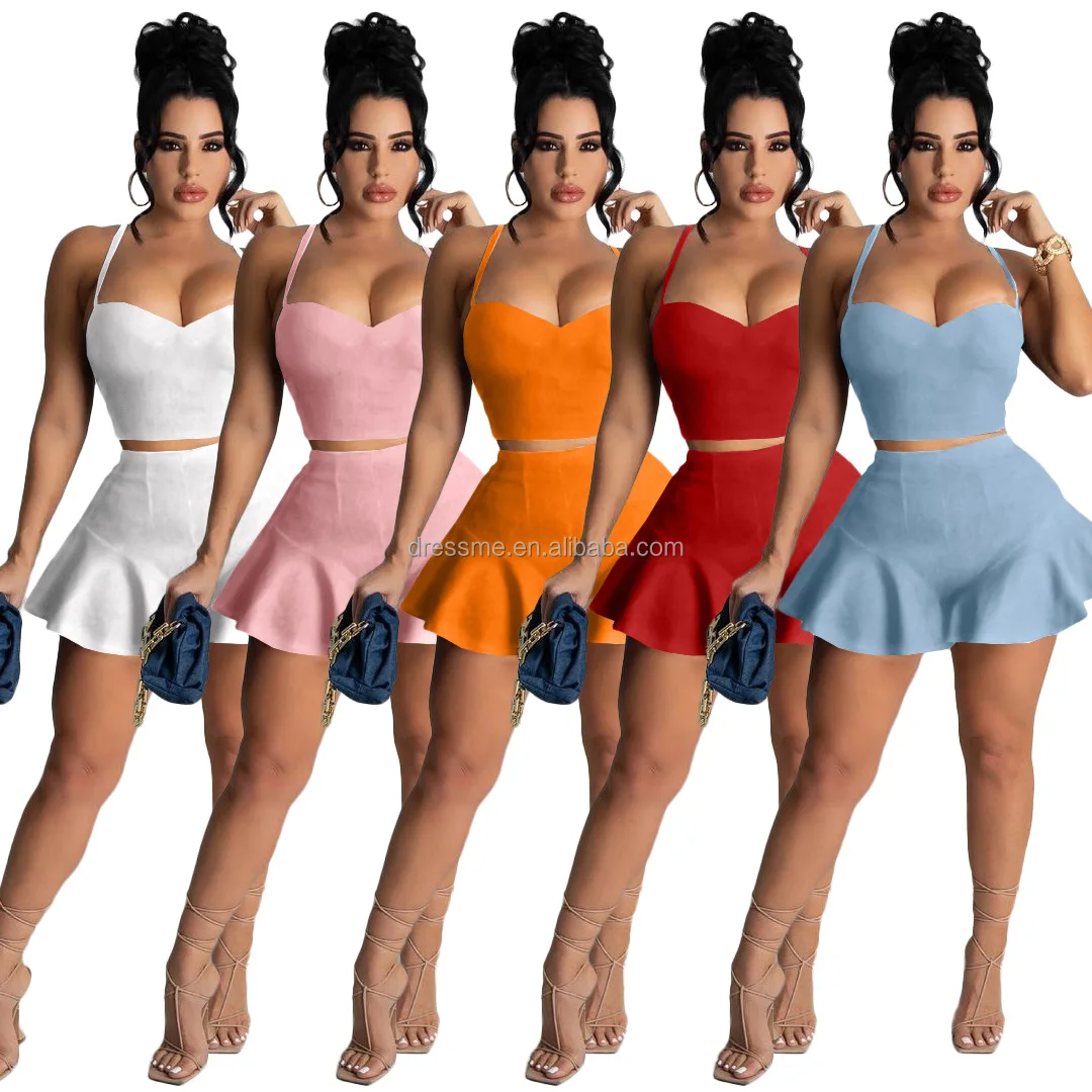 

MT91-6181 Pure Color V Neck Casual Mini Skirts And Tops Spaghetti Strap Two Piece Skirt Set Ruffle Women Blouses & Tops Short