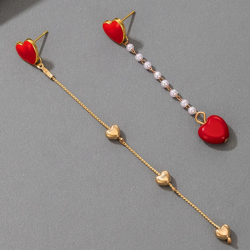 

Jachon New Style Korean Fashionable Long Earrings Red Heart-shaped Small Pearl Tassel Earrings For Women, Same as the pic