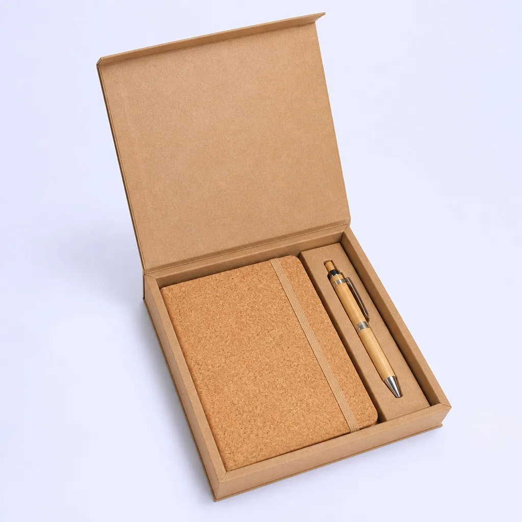 Kraft gift presentation box with notebook and pen